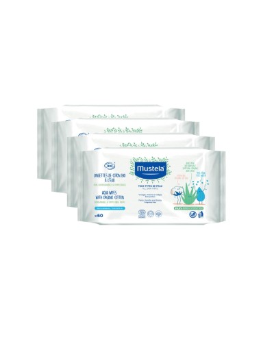 Confezione Mustela Salviettine d'acqua con cotone bio 4x60 unità