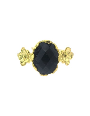 MRio Anello classico regolabile Argento Oro Pietra nera e fiori