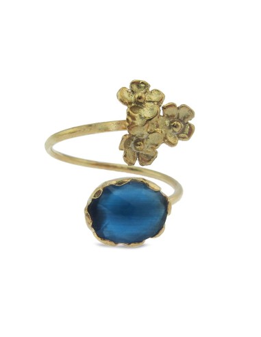 MRIO Anello classico regolabile in argento placcato oro Pietra blu e 3 fiori